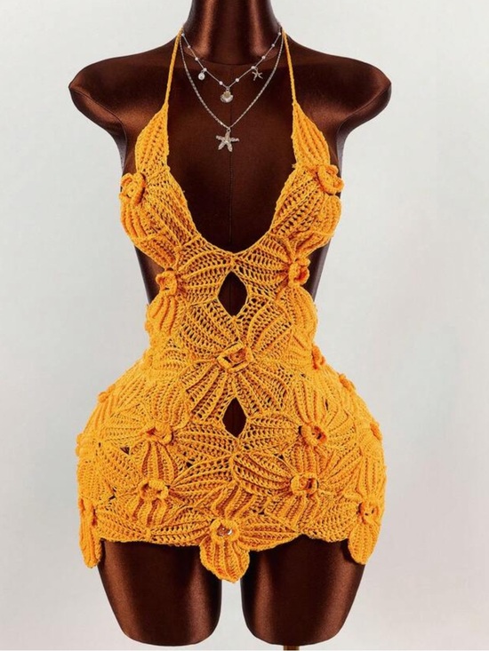 Dresses & Skirts - Floral Crochet Mini Halter Dress in Bright Orange Small new in packaging